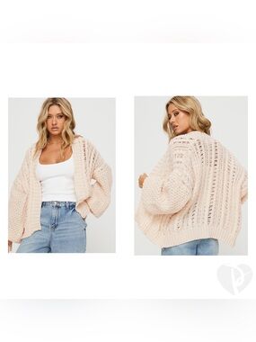 Princess Polly Abner Cable Cardigan Beige Pink Drop Shoulder Open Front Sz XS/S